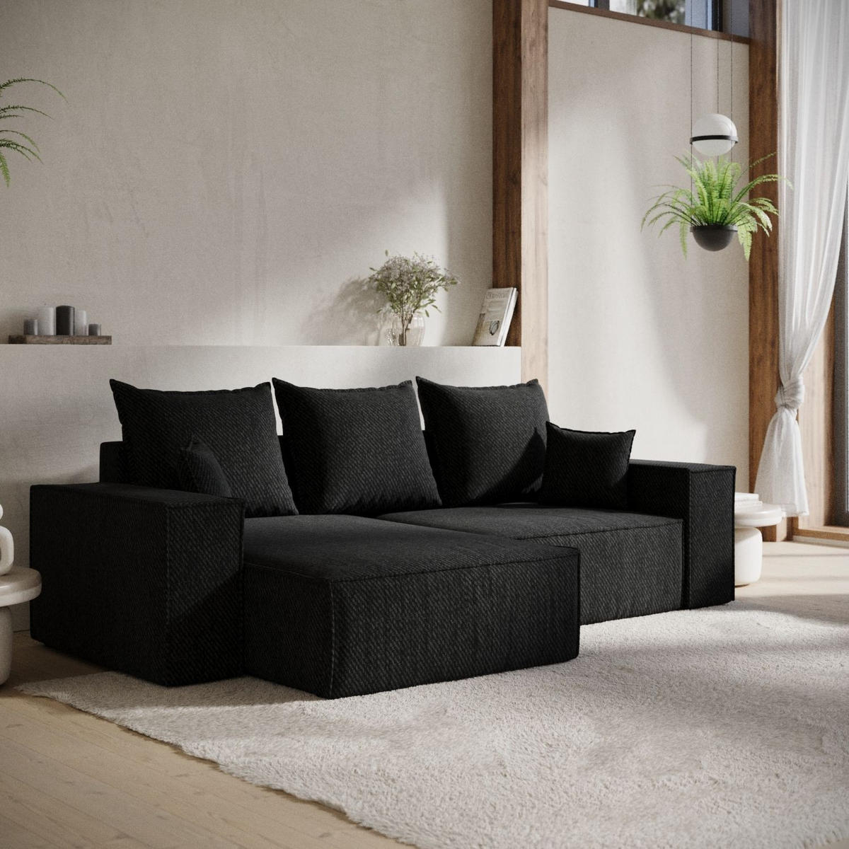 ECKSOFA SENSO mit Schlaffunktion Schwarz im Neve Stoff - Schwarz, Holz/Holzwerkstoff (255/148cm) - AltaBeds