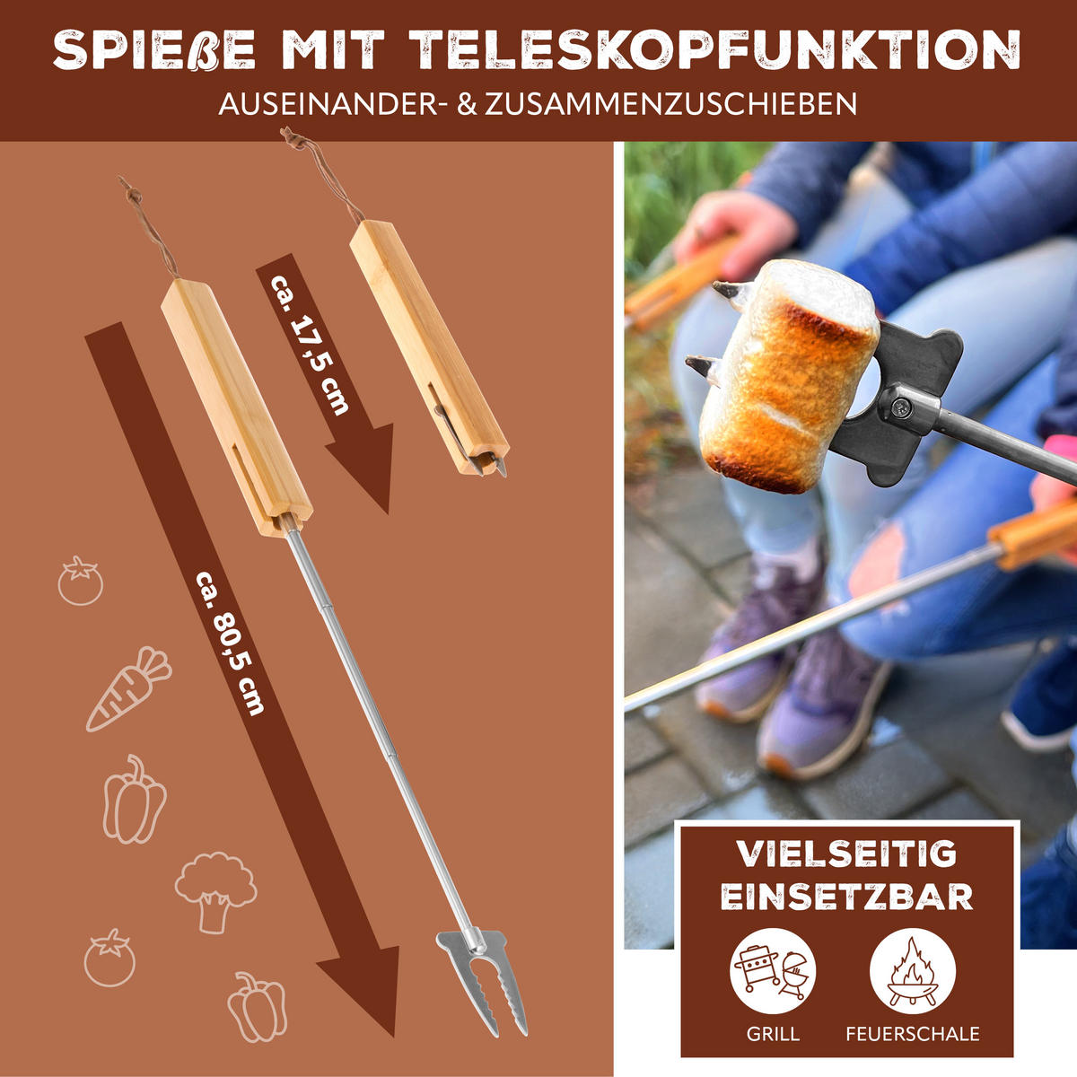 TELESKOP-GRILLGABEL 2er-Set, Edelstahl - Edelstahlfarben, Metall (8cm) - bremermann