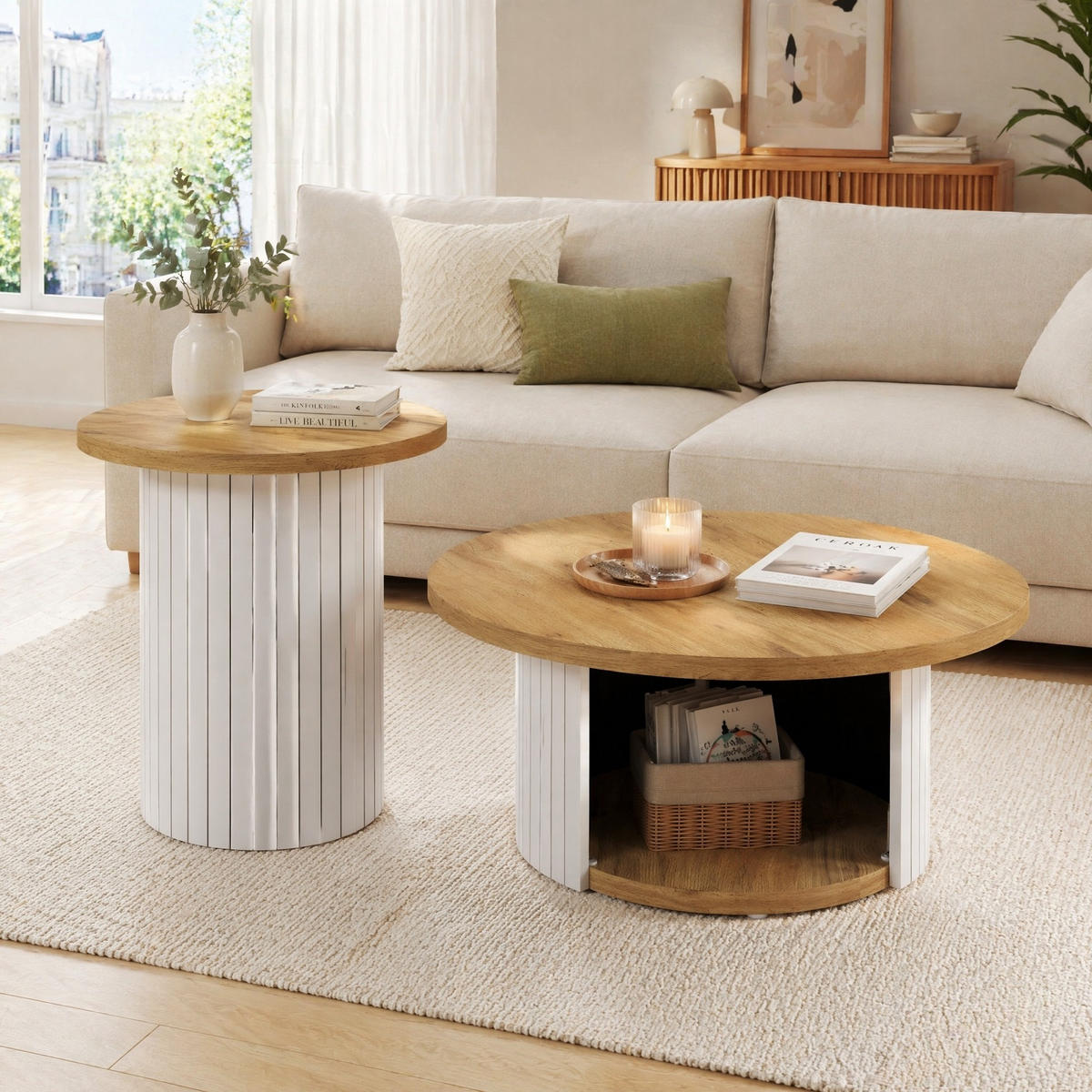 COUCHTISCH SET in Naturfarben mit 2 runden Tischen und Stauraum für Wohnzimmer, B75/T75/H50cm und B45/T45/H35cm - Weiß/Naturfarben, Holzwerkstoff (75/75/50cm) - STILVORA