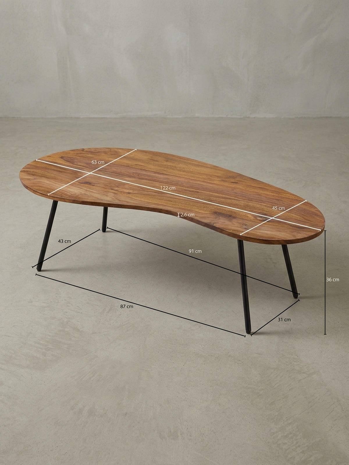 COUCHTISCH Retro-Stil mit Nierenform, Massivholz, Metallbeine, pflegeleichte Tischplatte, Braun 122x63x36 cm - Schwarz/Braun, Holz/Metall (63/122/36cm) - KADIMA DESIGN