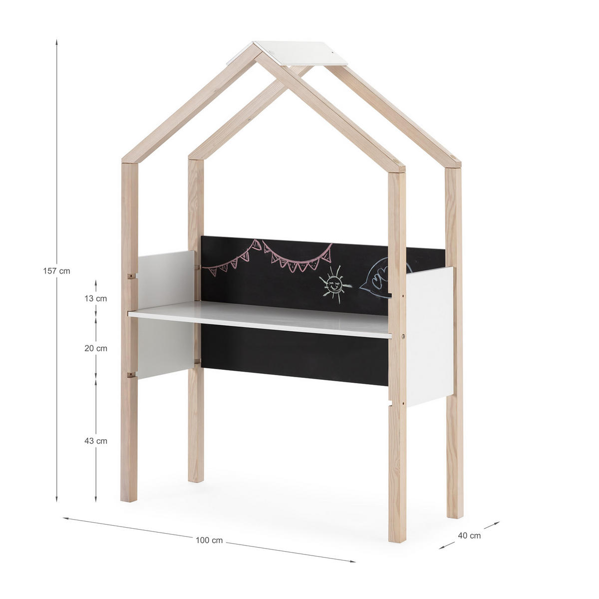 BÜRO mit Schiefertafel in Hausform, dekoriert in weißem Hochglanz und hellem Holz, L100 cm 40/100/155 cm - Weiß, Holz (40/155/100cm) - Calicosy