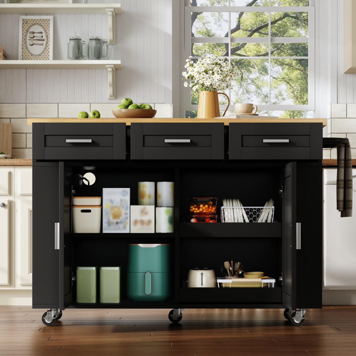 KÜCHENINSEL 84 cm MDF Natur Schwarz mit Klappbarer Arbeitsplatte und USB-Steckdose - Schwarz, Holzwerkstoff (70/84/120cm) - Korfee