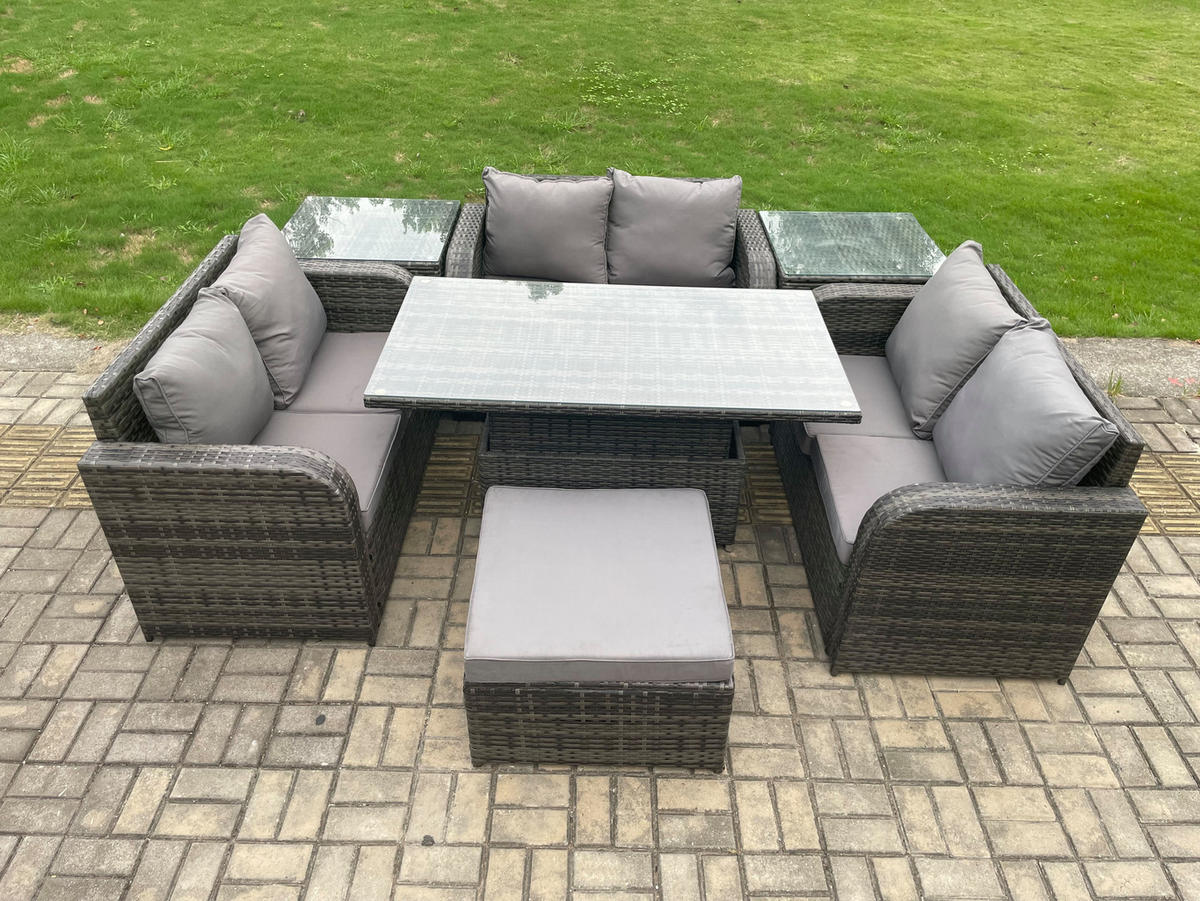 GARTENSOFA SET Polyrattan Dunkelgrau 7-Sitzer - Dunkelgrau, Metall - Fimous