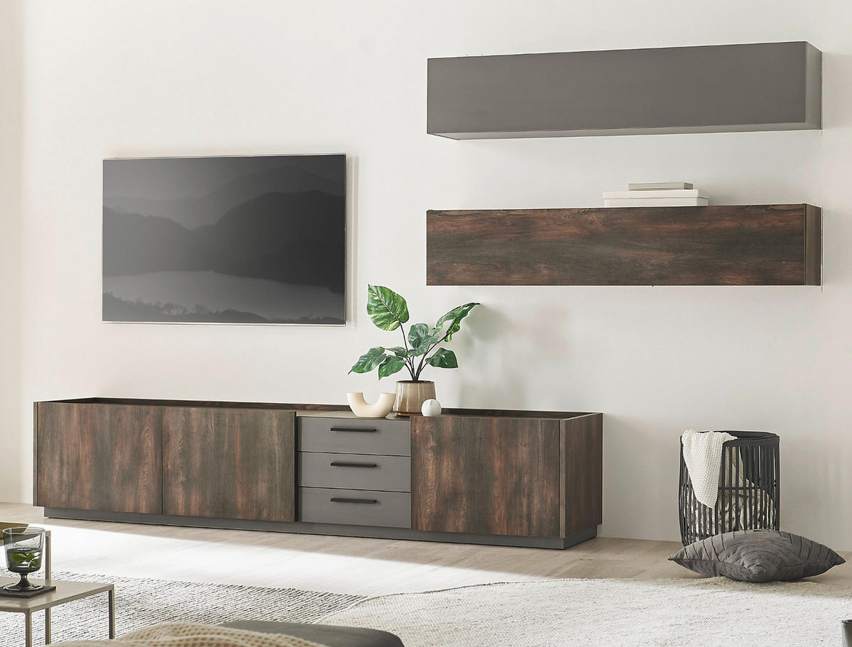 WOHNWAND Thermo Eiche, grau, Set 3-teilig mit XXL TV-Lowboard und Soft-Close - Eichefarben/Grau, Holzwerkstoff/Metall (390/200/45cm) - Furn.Design