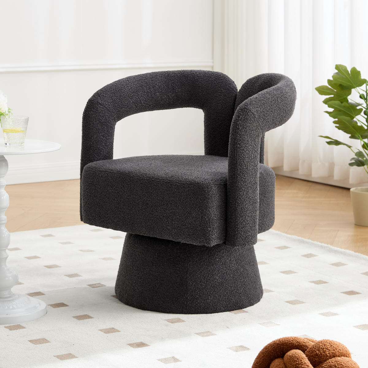 SESSEL Bouclé Dunkelgrau drehbar - Dunkelgrau, Holzwerkstoff/Textil (67/74/54cm) - WISHDOR