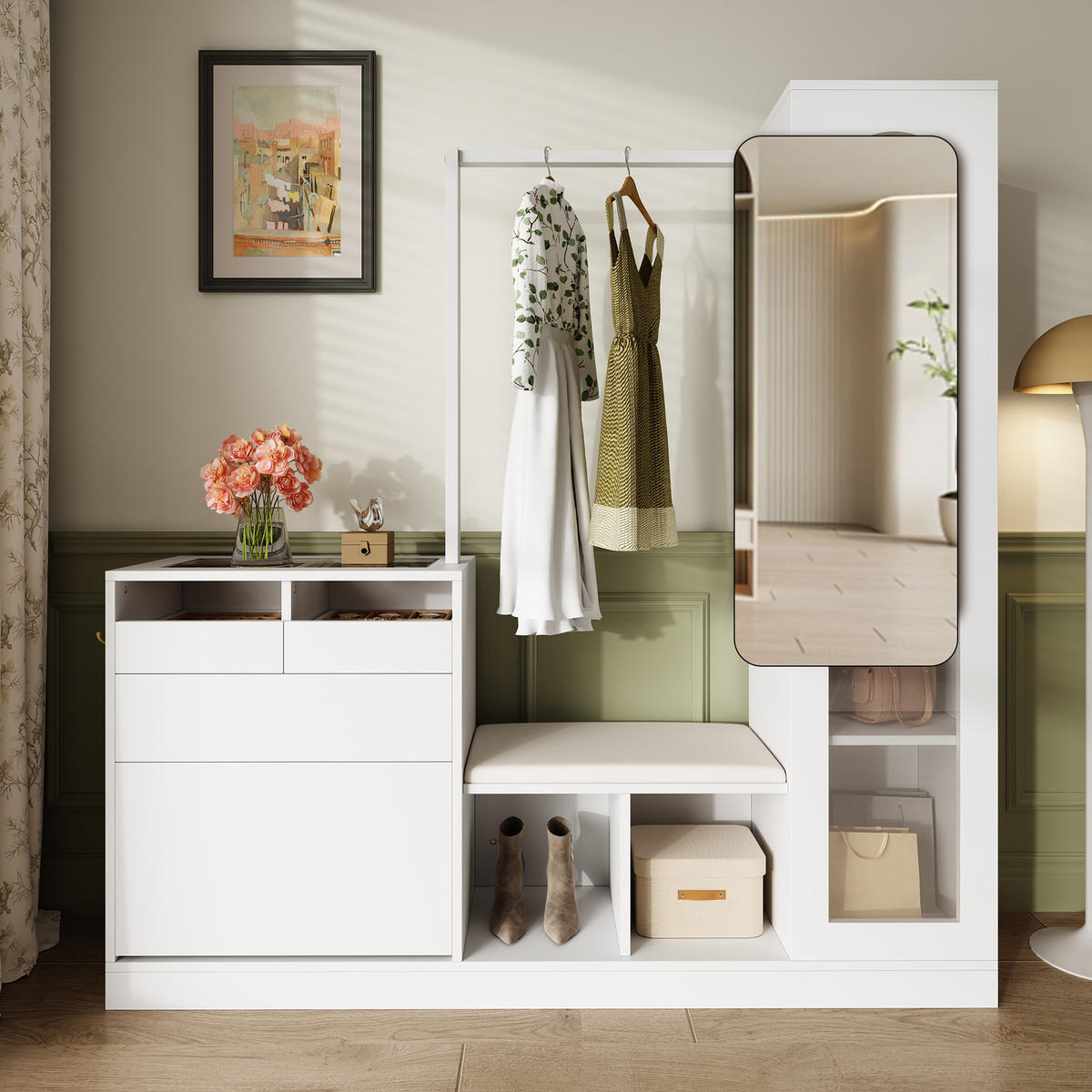 DIELENGARDEROBE 163/50/161 cm in Weiß mit Spiegel, Schuhschrank und Sitzbank - Weiß, Holzwerkstoff (163/161/35cm) - BEAOK