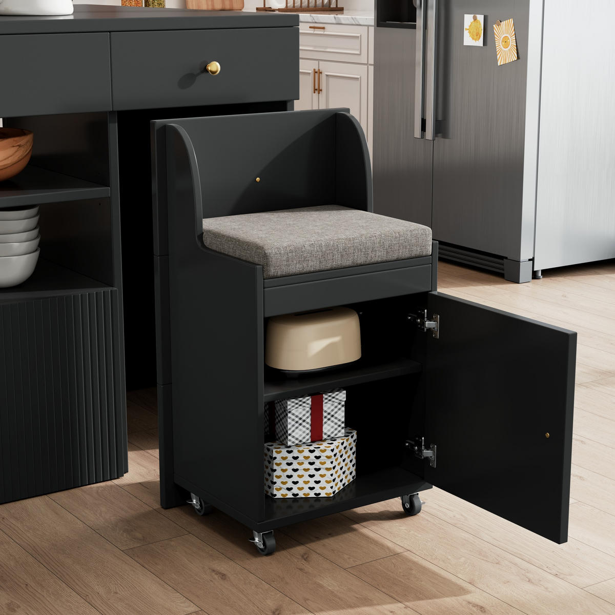 KÜCHENINSEL 140/89/40(70) cm Schwarz aus MDF und Metall mit Hocker - Schwarz, Holzwerkstoff (40/89/140cm) - OKMYHOME