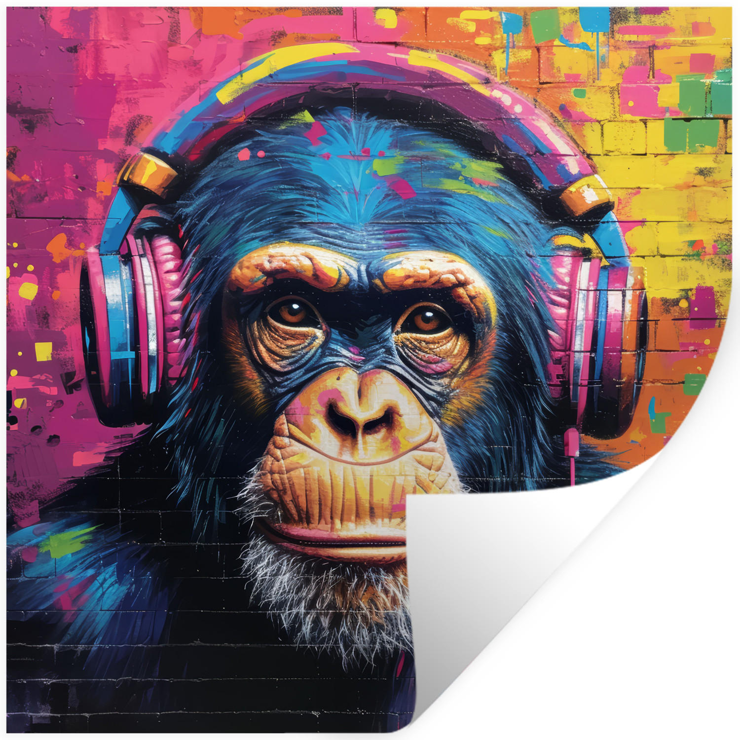 WANDTATTOO Graffiti - Schimpanse - Straßenkunst - Kopfhörer - Affe 50x50 cm - Blau, Kunststoff (50/50/0.1cm) - MuchoWow