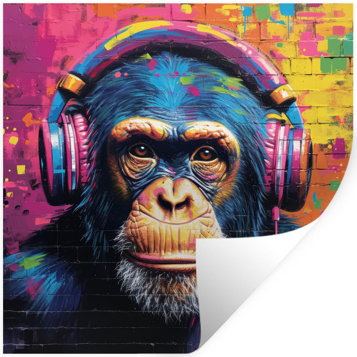 WANDTATTOO Graffiti - Schimpanse - Straßenkunst - Kopfhörer - Affe 50x50 cm - Blau, Kunststoff (50/50/0.1cm) - MuchoWow