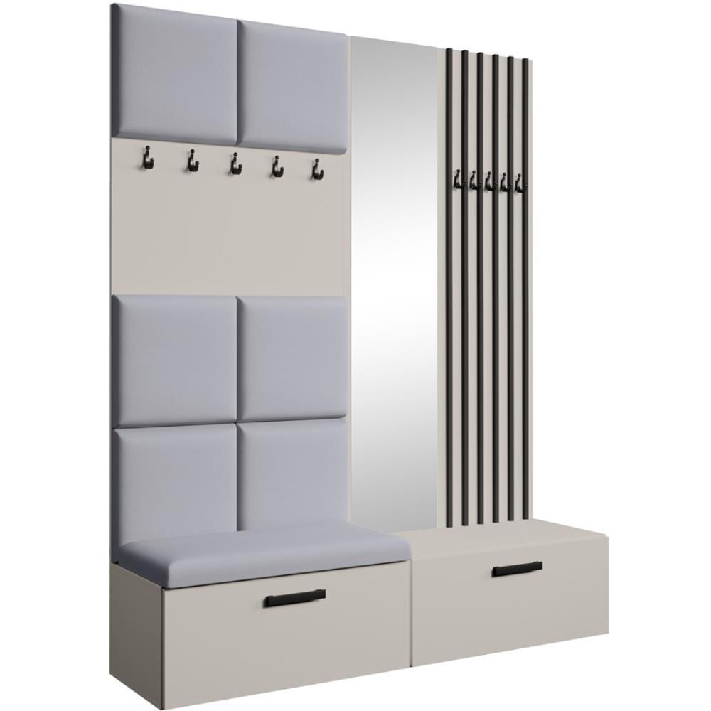 Beautysofa PŘEDSÍŇOVÁ sestava Margaret I+II 162/203/43 s čalouněnými panely / lamelami / zrcadlem, kašmírová|černá