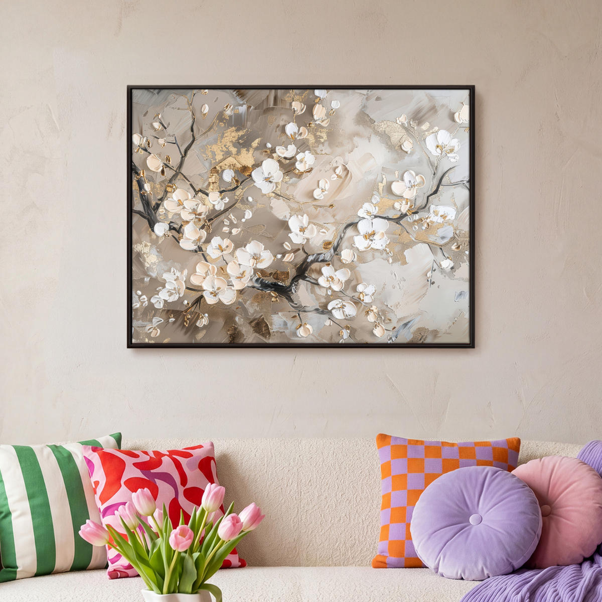 LEINWAND Bilder mit Rahmen - Blumen - Weiß - Gold - Beige - Luxus - 80x60 - Greige, Textil (80/60cm) - MuchoWow