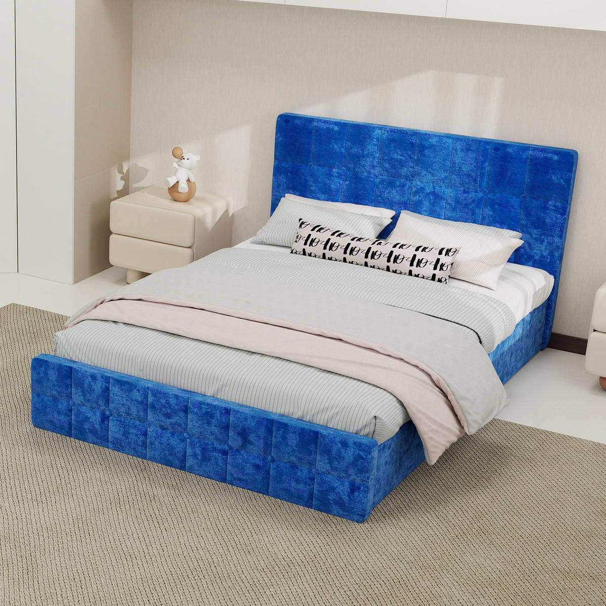 POLSTERBETT 140/200 cm mit gepolstertem Kopfteil und Steppung, Blau - Blau, Textil (140/200cm) - Redom