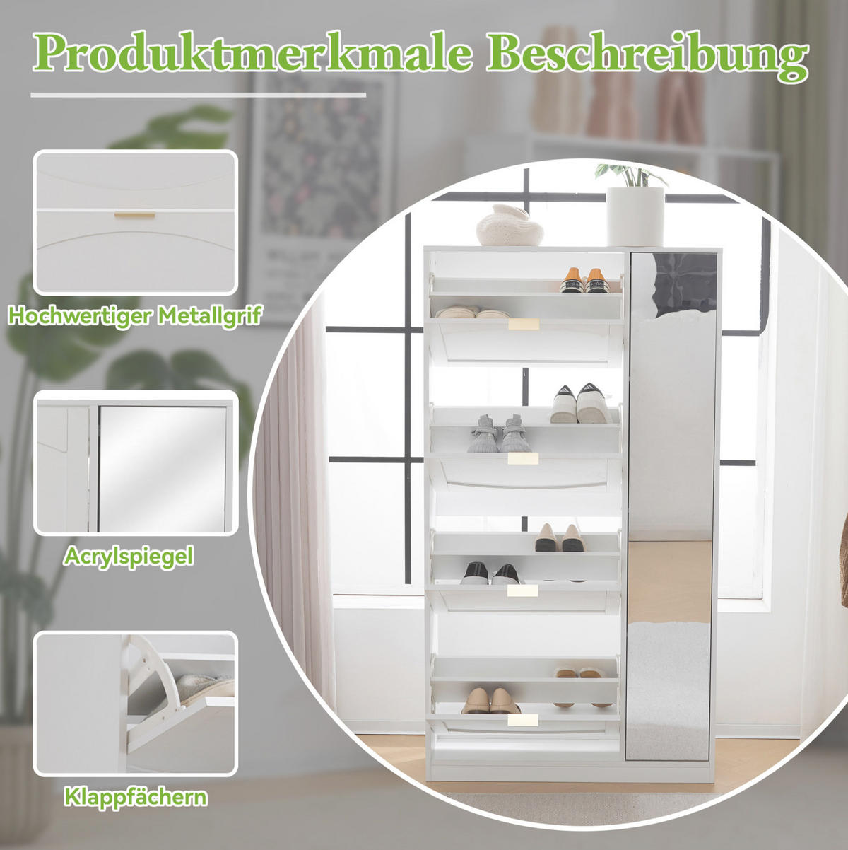 SCHUHSCHRANK 80/24/147 cm in Weiß mit Spiegel und 4 Klappen - Weiß, Holzwerkstoff (80/147/24cm) - Flora Grace