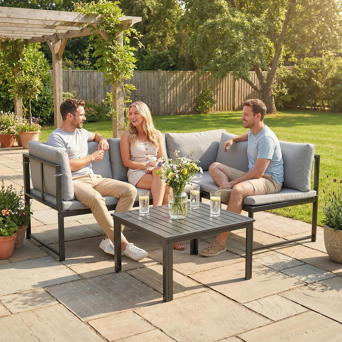 GARTENSET DE-13527 3-teilig mit verstellbaren Armlehnen Grau - Grau, Metall - ComfortXL