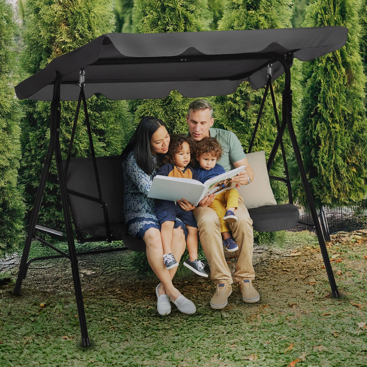 HOLLYWOODSCHAUKEL mit Sonnendach, 170/110/153 cm, 3 Personen, 2 Kissen - Grau, Textil/Metall (170/153/110cm) - Luverno