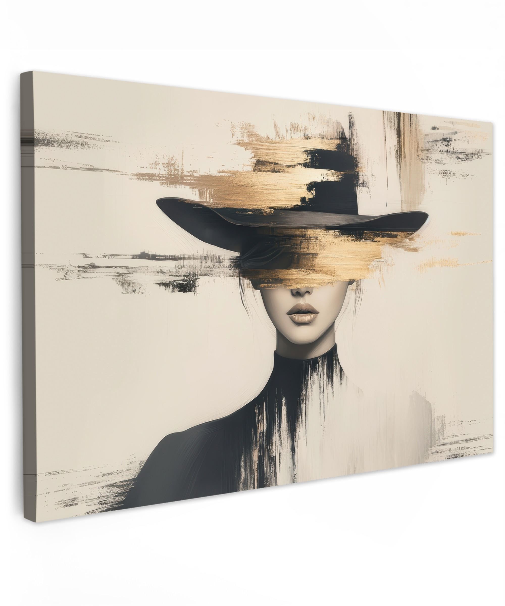 LEINWANDBILD Frau - Hut - Farbe Wohnzimmer Groß 120x80 cm - Goldfarben, Textil (120/80cm) - MuchoWow