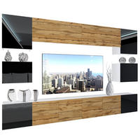 WOHNZIMMERWAND mit LED-Beleuchtung TV-Schrank Schwarz/Wotan Eiche Top - Eiche Wotan/Schwarz, Holz (300/180/36cm) - B BELINI GROUP