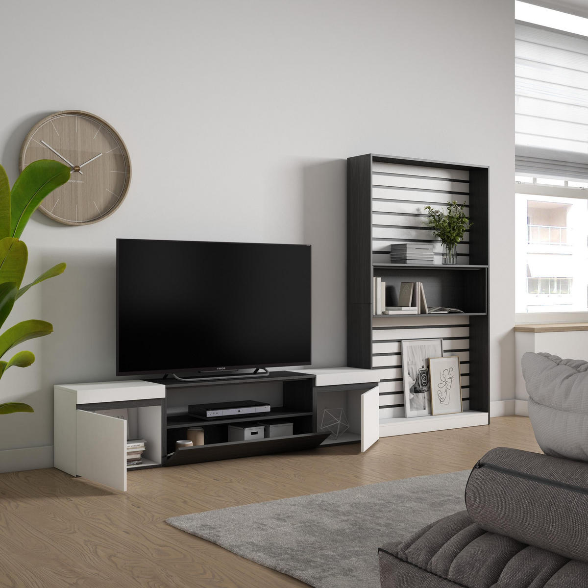 WOHNWAND Wohnzimmer, weiß und schwarz, 310/35/186cm - Schwarz/Weiß, Holzwerkstoff (310/186/35cm) - Skraut Home