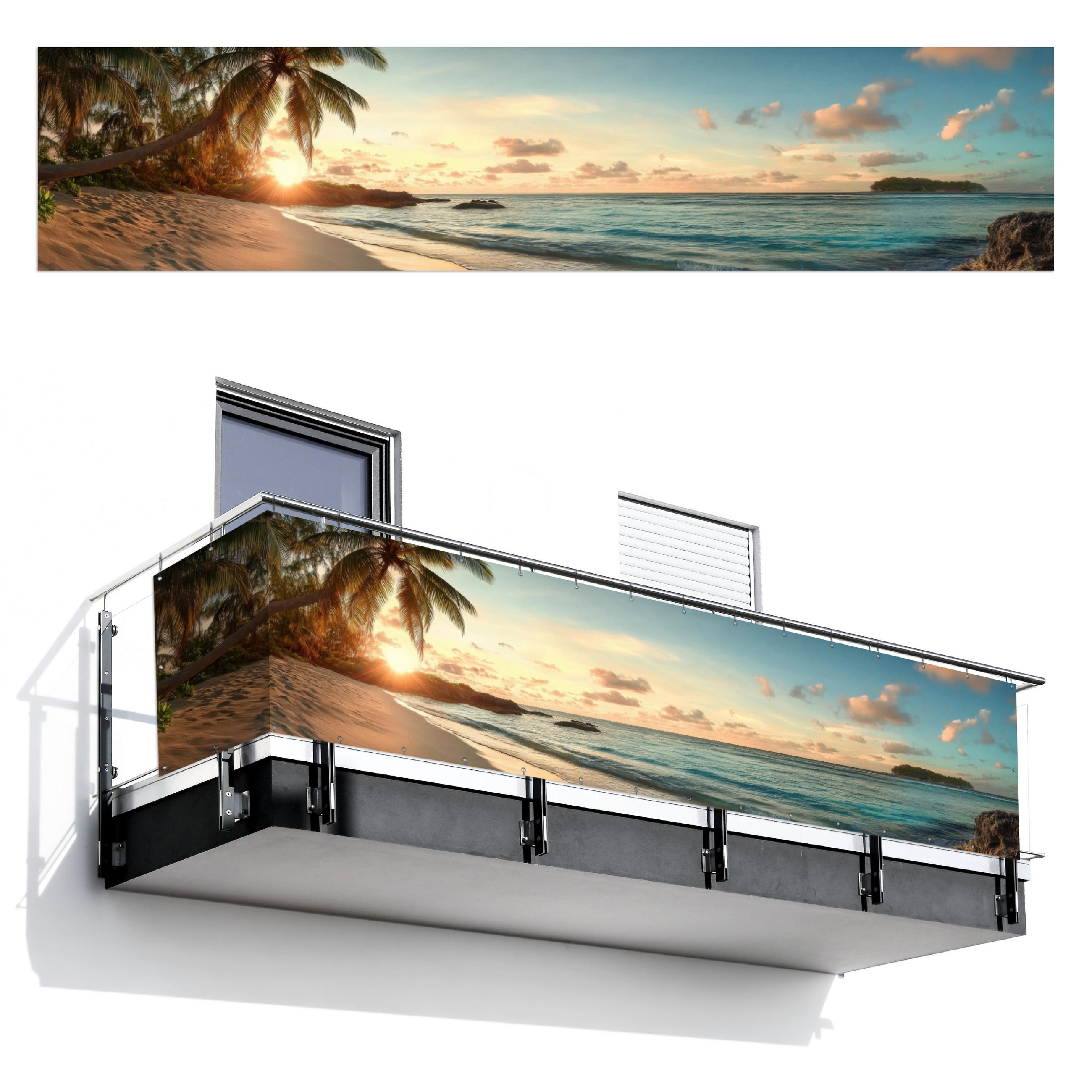 MuchoWow BALKONOVÁ ZÁSTĚNA Pláž - palmy - oceán - západ slunce 500x110 cm