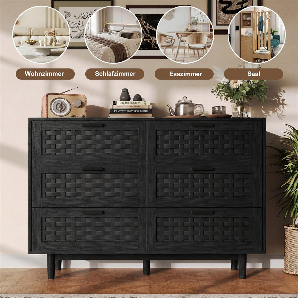 KOMMODE mit 6 Schubladen - elegante Geflecht-Optik und runde Holzbeine - Schwarz - Schwarz, Holzwerkstoff (115/80/40cm) - DELFA
