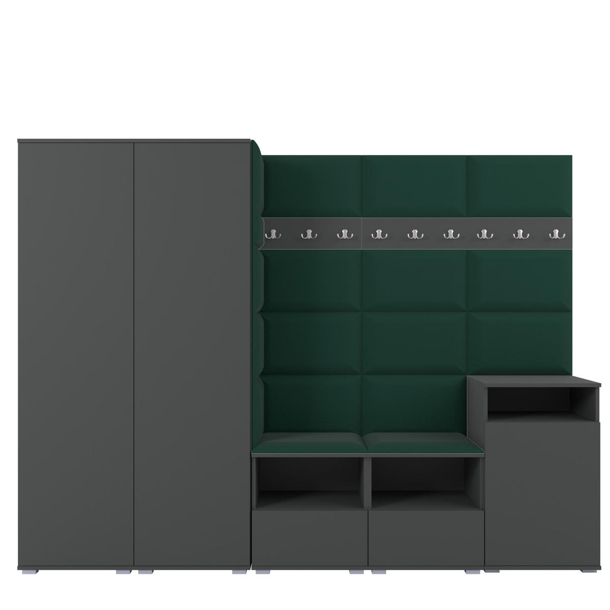 GARDEROBE NELA VIII 250 cm (Modulare Flurmöbel Graphit mit Sitzpolster Flaschengrün 28 2 Schränke + Sideboard) - Dunkelgrün/Silberfarben, Holz/Holzwerkstoff (250/187/40cm) - Ravio