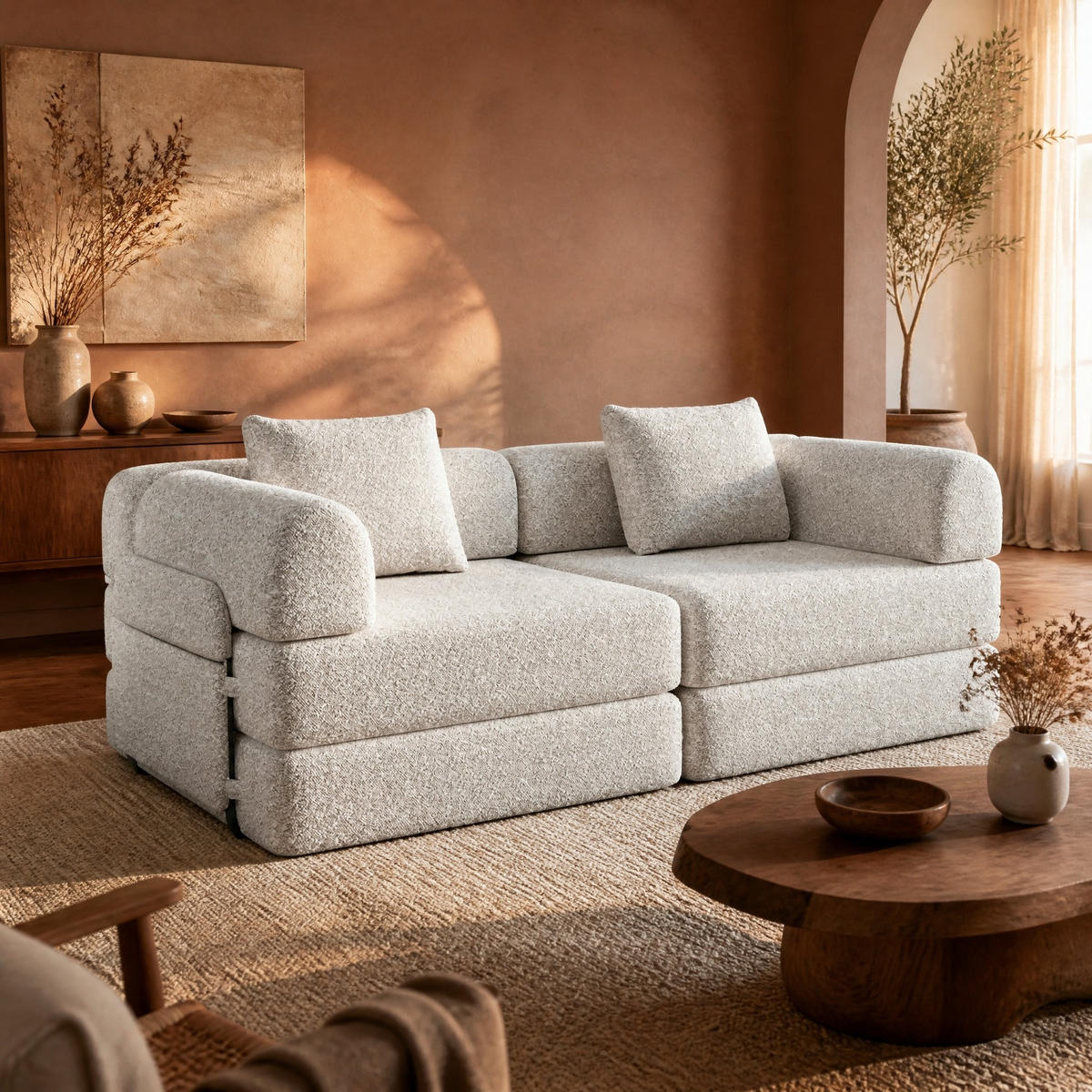 SCHLAFSOFA 2-in-1, Chenille mit Armlehnen-Ablagefach & Stahlrahmen, 183,8/181,6/49,5 cm, Beige - Beige, Textil (183.8/49.5/181.6cm) - Redom