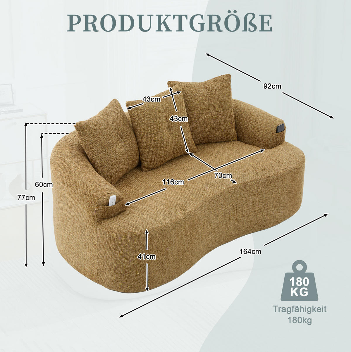 SOFA 2-Sitzer Chenille 164 x 92 x 60 cm Senfgelb - Gelb, Holzwerkstoff (164/60/92cm) - Meubliv