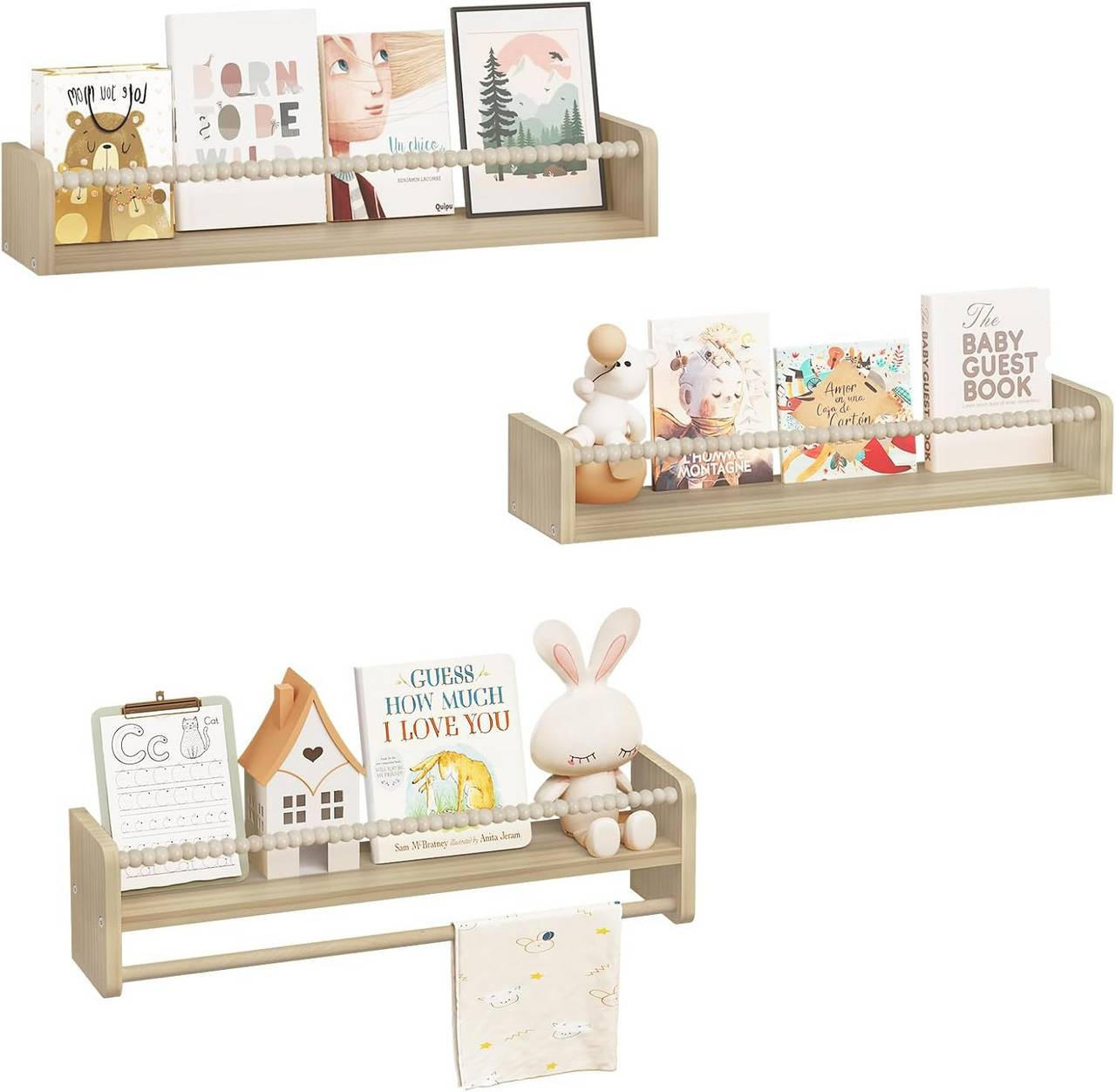 KINDER-WANDREGAL 3er Set, Massivholz, 60 x 15 x 14 cm - Naturfarben, Holz (60/15/14cm) - Woltu