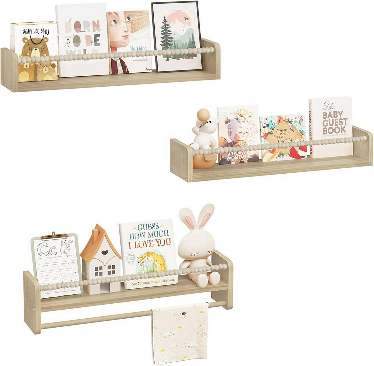 KINDER-WANDREGAL 3er Set, Massivholz, 60 x 15 x 14 cm - Naturfarben, Holz (60/15/14cm) - Woltu