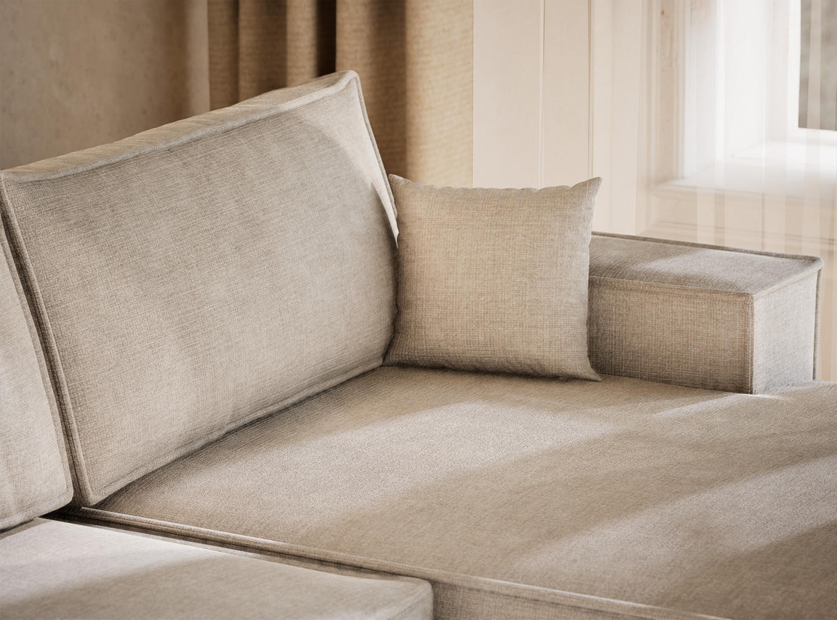 WOHNLANDSCHAFT Kyoto Beige grau Chenille-Stoff - Greige/Schwarz, Holz/Holzwerkstoff (398/70/148cm) - Maison de Reve