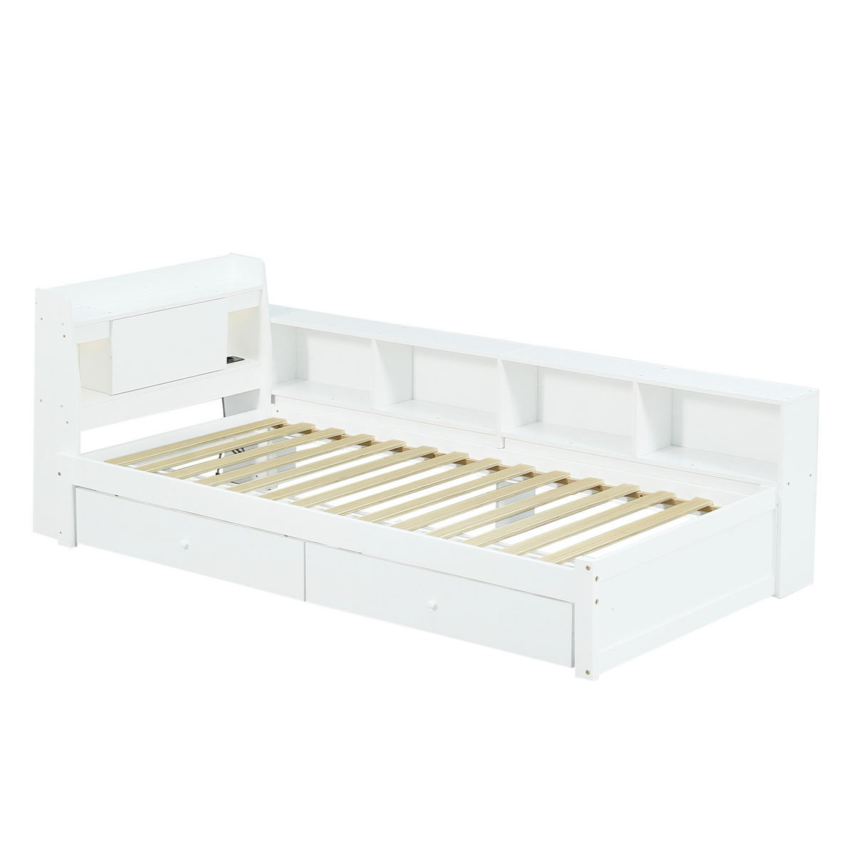 EINZELBETT aus Kiefer, Spanplatte und MDF 90x200 cm Weiß mit Stauraum, Leuchten und Ladebuchse - Weiß, Holzwerkstoff (90/200cm) - IVMEU