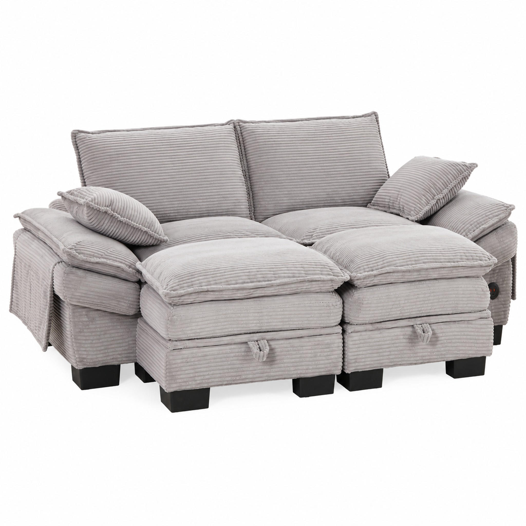 SOFA modular 2-Sitzer mit 2 Hockern Corduroy Light Gray - Hellgrau, Holzwerkstoff (132/84/190cm) - Meubliv