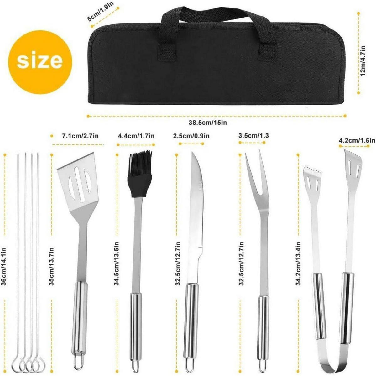 GRILLBESTECK-SET 9-teilig mit Grillhandschuhen Hitzebeständig bis 800°C Schwarz - Schwarz, Metall (38.5cm)