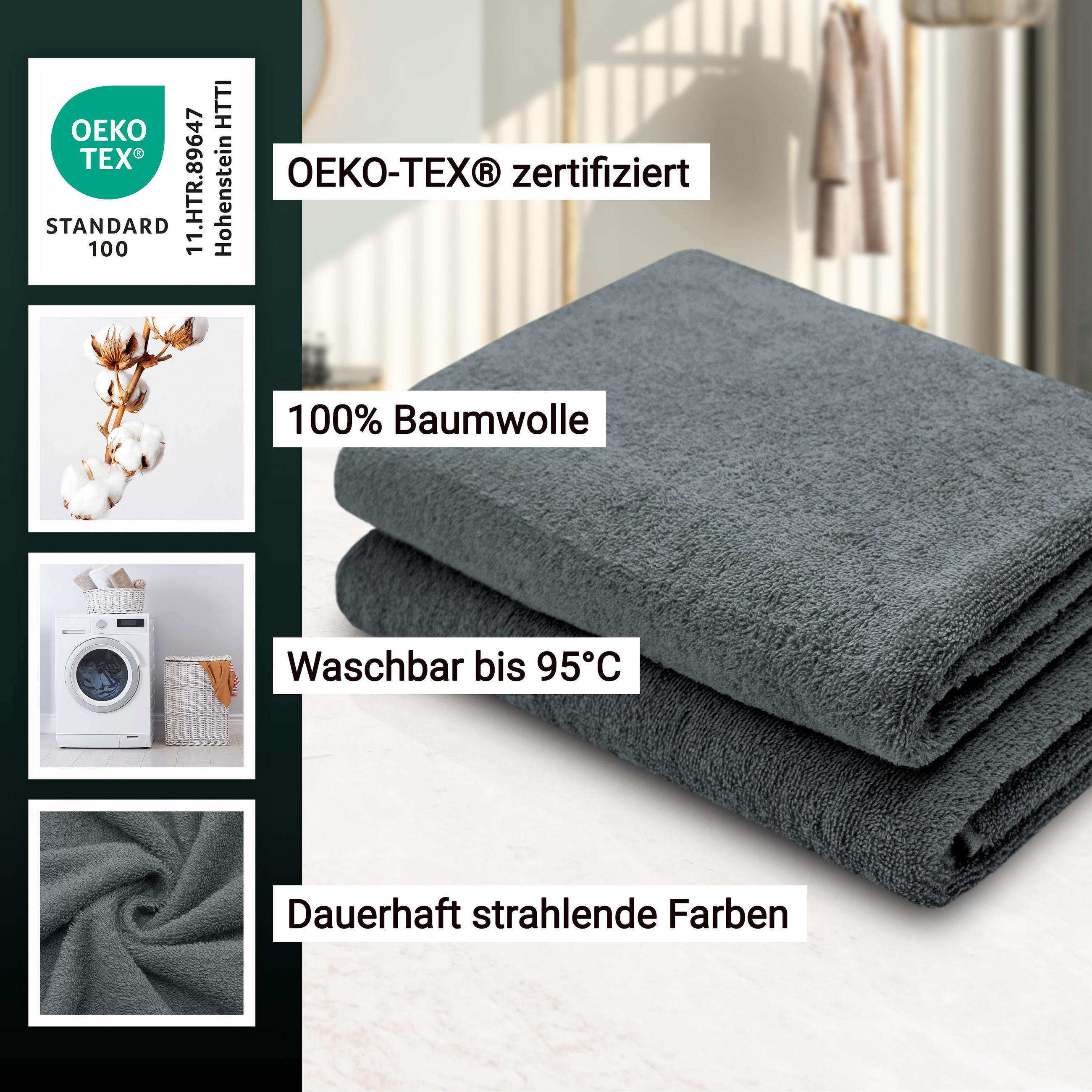 DUSCHTÜCHER, 2er-Set, 70x140 cm, 100% Baumwolle, Grau - Graphitfarben, Textil (70/140cm) - Zollner