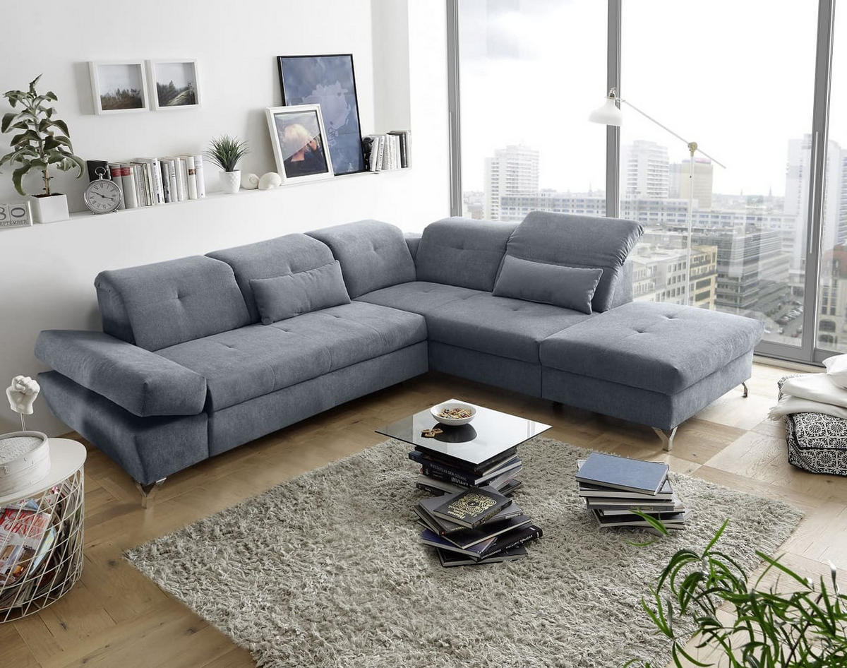ECKSOFA mit Schlaffunktion und verstellbaren Kopflehnen - Chromfarben/Anthrazit, Textil/Metall (245/275cm) - ed exciting design