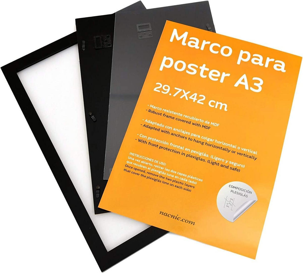 RAHMEN Set mit 3 aus MDF und Acrylglas Schutz und Aussteller für Fotografien, Bilder, Poster, Gemälde, Dekoration für Haus Farbe Schwarz A3 - Schwarz, Holz (29.7/3/42cm) - Nacnic