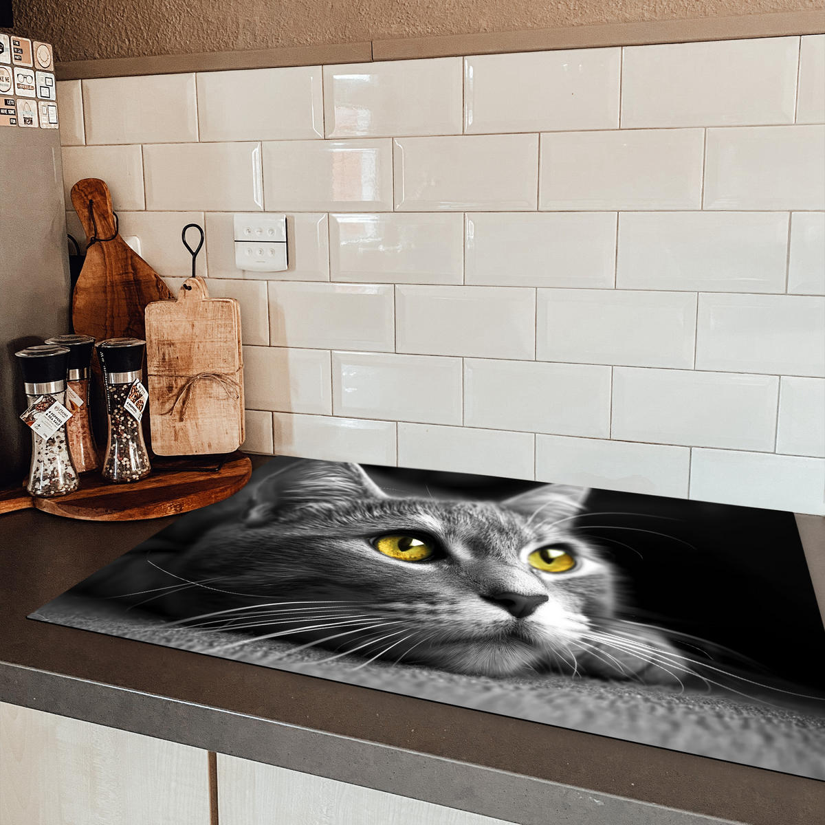 HERDABDECKPLATTE Katze - Grau - Tiere - Katze 81x52 cm - Grau, Kunststoff (81/0.2/52cm) - MuchoWow