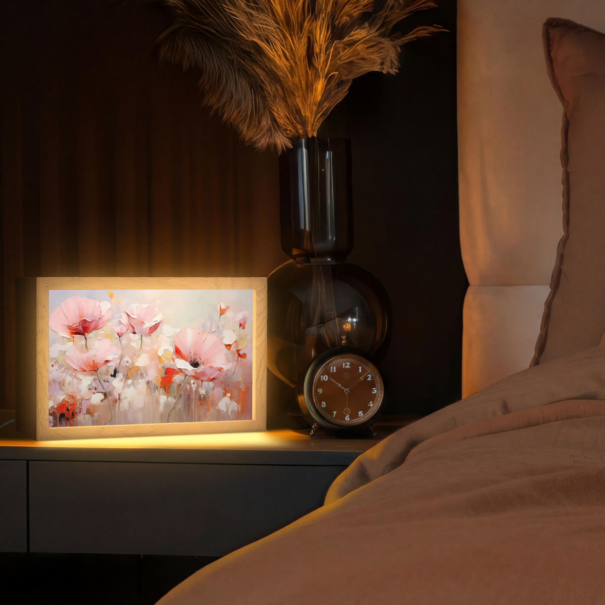 STOLNÍ LAMPA Květiny - Akvarel - Růžová - Abstraktní - Umění 30x20 cm - antracitová, kompozitní dřevo (8/30/20cm) - OnlyWow