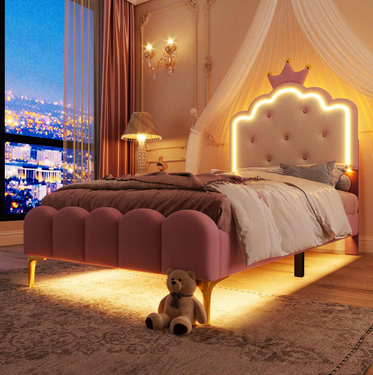 POLSTERBETT mit LED-Licht und Lattenrost 90x200 cm PU Rosa - Pink, Holzwerkstoff (90/200cm) - Beauniv