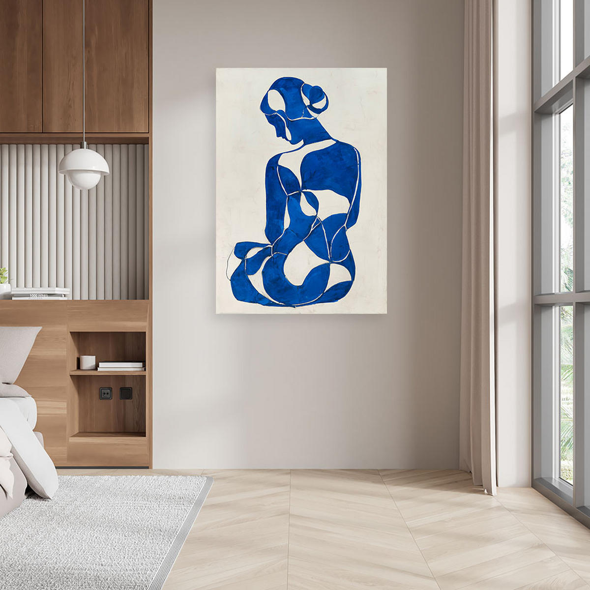 BILD auf Leinwand, Sitzende Frau abstrakt blau - Blau, Textil (60/90cm) - Feeby