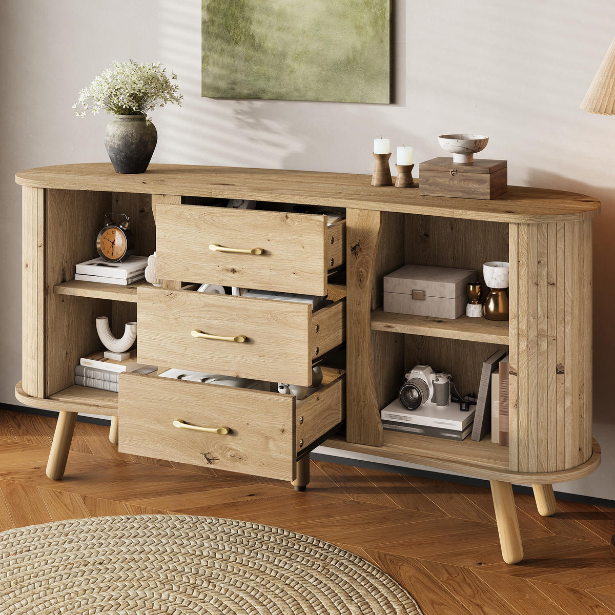 SIDEBOARD Erbsenform Rillenoptik - Naturfarben, Holzwerkstoff (150/75/36.5cm)