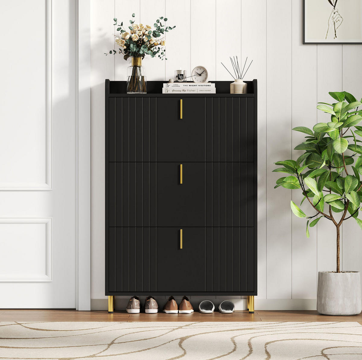 SCHUHSCHRANK mit 3 Klappen 80 x 23 x 123,5 cm MDF Schwarz - Schwarz, Holz (23.5/123.5/80cm) - Beauniv