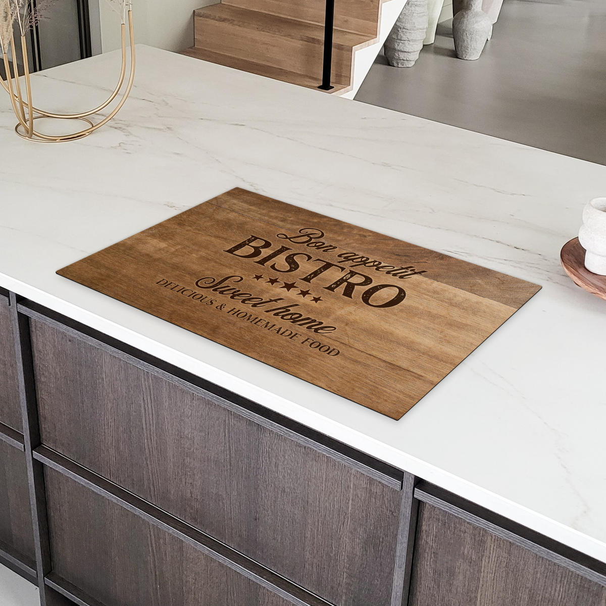 HERDABDECKPLATTE Zitat - Bistro - Guten Appetit - Süßes Zuhause - Holzmaserung 85x52 cm - Braun, Kunststoff (85/0.2/52cm) - MuchoWow