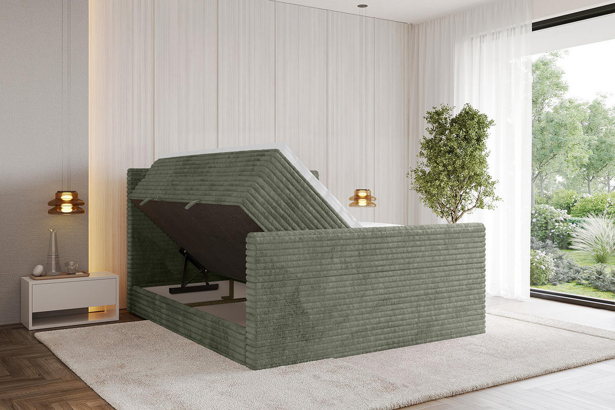 BOXSPRINGBETT mit Matratze H3|H4 und Lattenrost - TOLO-Z KING-v1 200x200 Cord - Olive - Olivgrün, Holzwerkstoff (200/200cm)