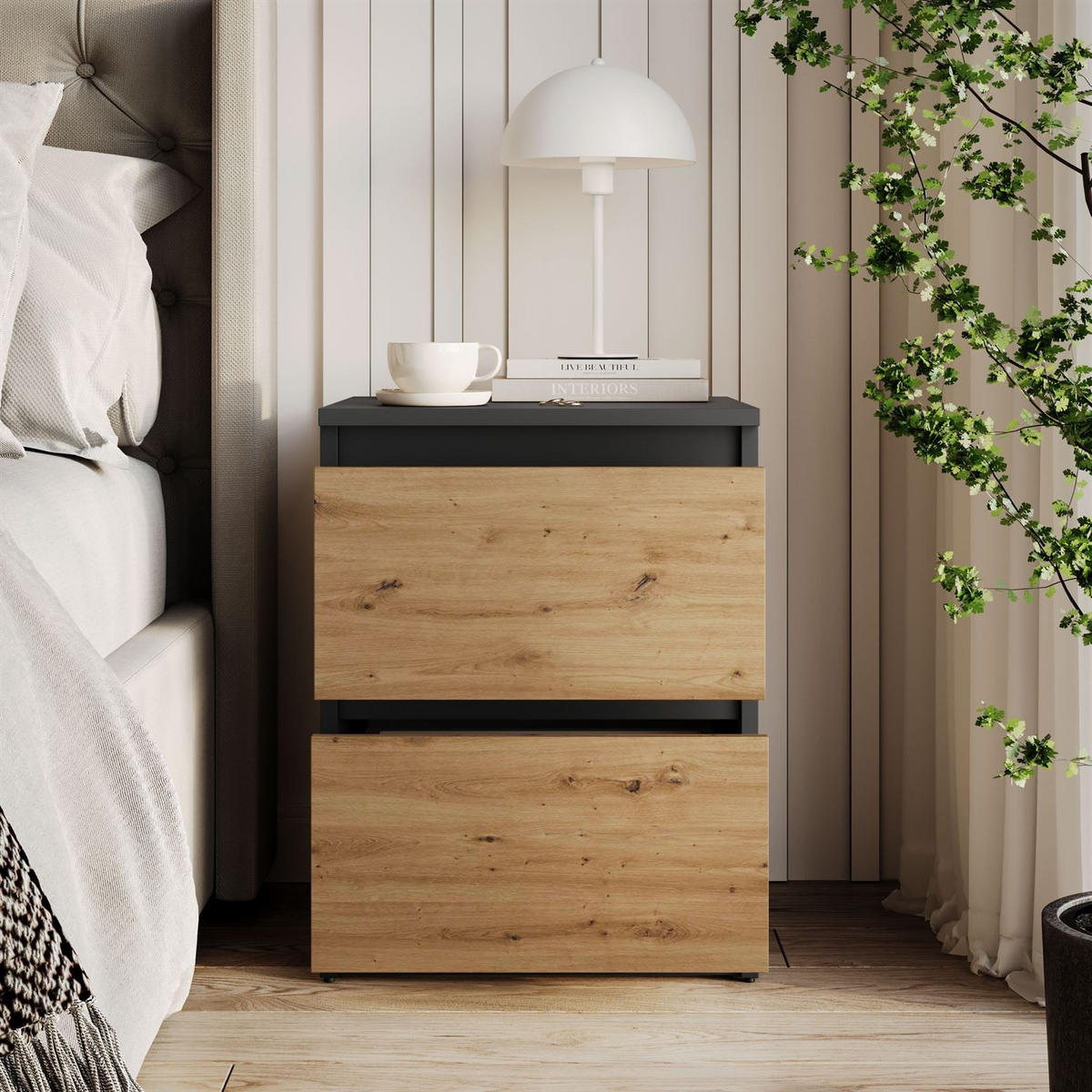 NACHTTISCH HANA W2 Artisan Eiche / Anthrazit - Eiche Artisan, Holzwerkstoff (40/52/40cm) - Lookway