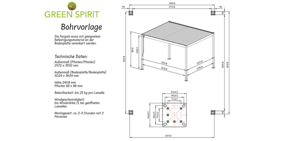 LAMELLENDACH-PERGOLA Mirador Basic 3x3,6 m Anthrazit Aluminium - Grau, Kunststoff (360/240/300cm) - Green Spirit