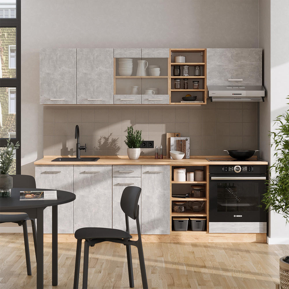 KÜCHENZEILE R-Line Beton/Goldkraft Eiche 240 cm , AP Marmor - Schieferfarben/Eiche Wotan, Holzwerkstoff (240/81.6/60cm) - Vicco