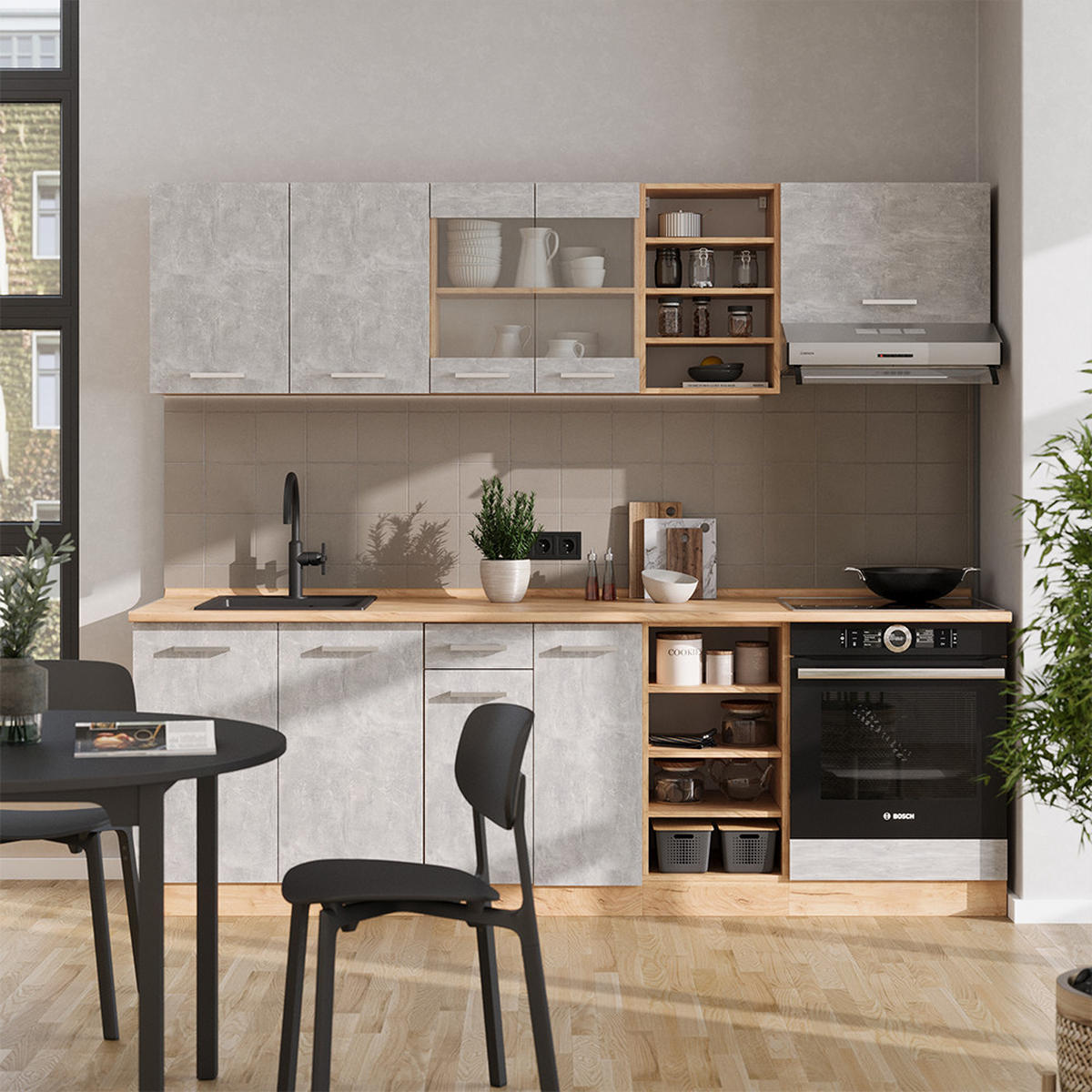 KÜCHENZEILE R-Line Beton/Goldkraft Eiche 240 cm , AP Marmor - Schieferfarben/Eiche Wotan, Holzwerkstoff (240/81.6/60cm) - Vicco