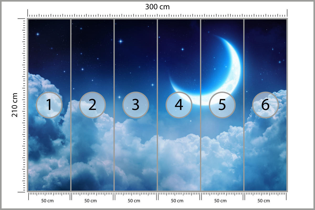 FOTOTAPETE für Schlafzimmer Himmel Wolken Mond Sterne 300x210 - Blau/Dunkelblau, Papier (300/210cm) - Muralo
