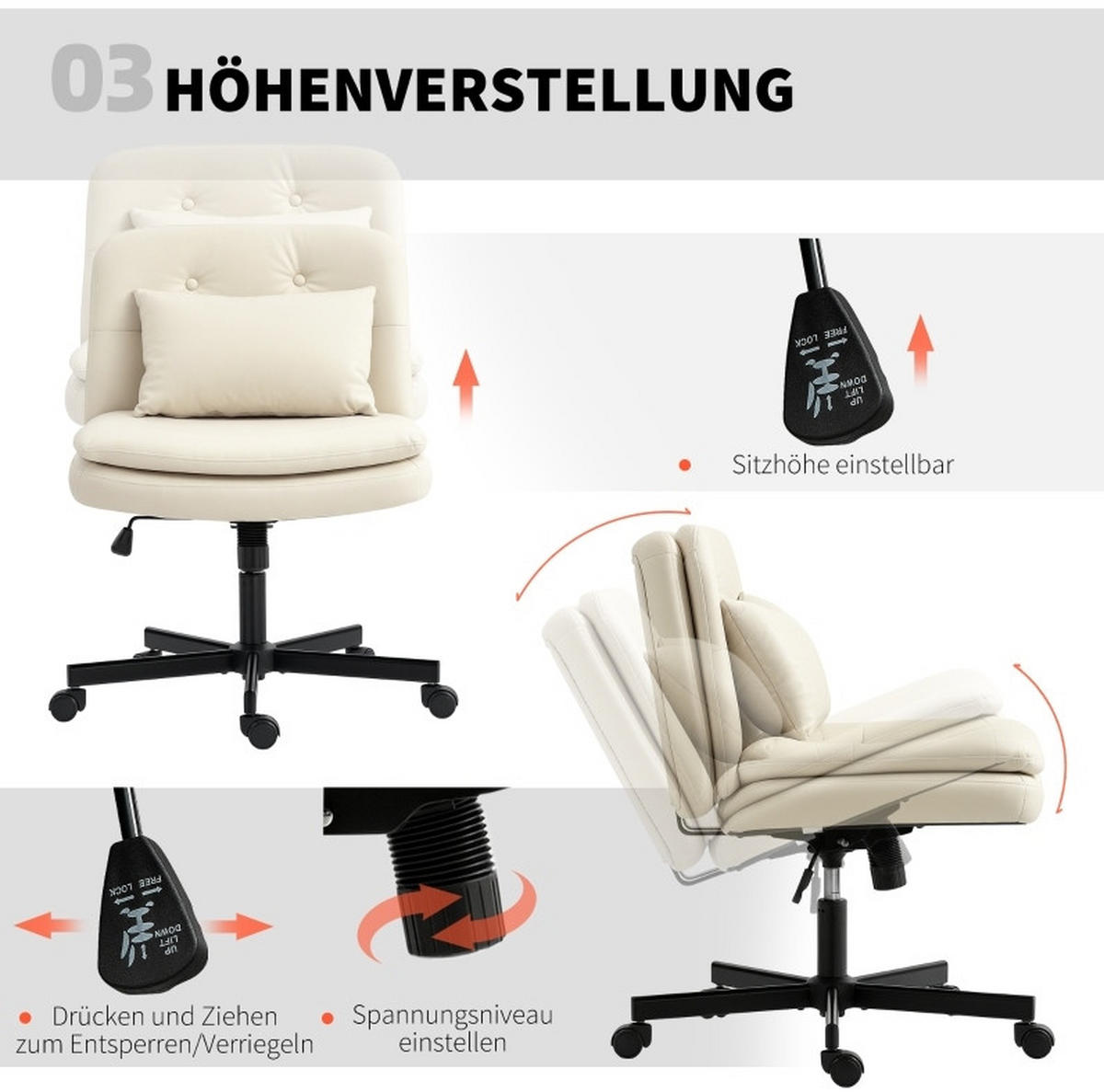 BÜROSTUHL in Beige 63x67x93 cm ohne Armlehnen, höhenverstellbar und drehbar - Beige, Leder (67/93/63cm) - IVMEU